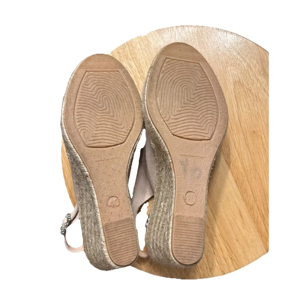 Paseart Spain Leather‎ Suede Jute Espadrille Wedge Sandals Peep Toe Rhinestone 9